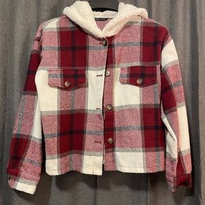 Light flannel jacket with fur hood